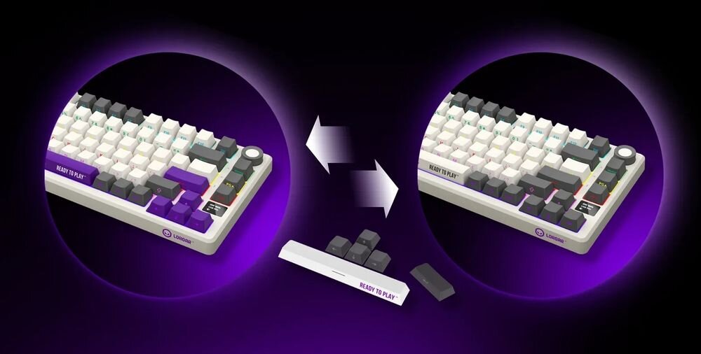 LORGAR KBP7075W Podwójne nasadki klawiszy PBT bocznym nadrukiem legend kontrastowych klawiszy strzałki, Enter i spację Boczny nadruk - klawiatura w dwóch kolorach, klawisze obok