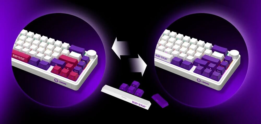Obraz przedstawia klawiaturę z wymiennymi klawiszami w kolorach fioletowym i czerwonym. Na klawiszu spacji widoczny jest napis \'READY TO PLAY\'.