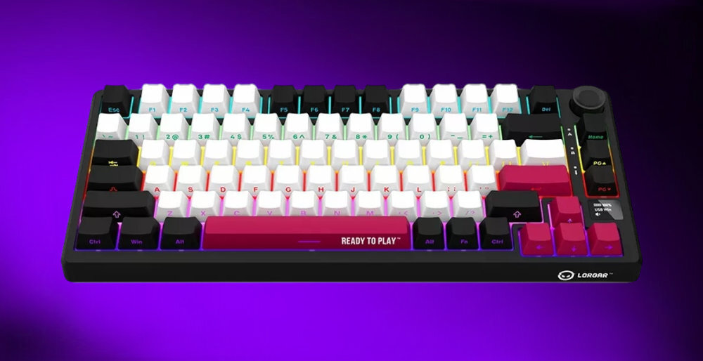 LORGAR KBP7075W LORGAR KBP7075W klawiatura mechaniczna możliwość dopasowania do własnych preferencji Solidna konstrukcja różne opcje łączności - klawiatura na fioletowym tle
