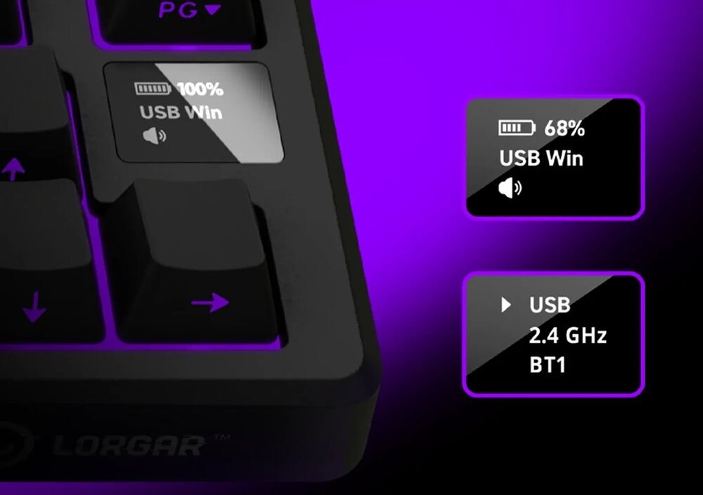 LORGAR KBP7075W Ekran OLED 0,66 cala (64×48 px) kluczowe informacje systemowe stan połączenia i poziom baterii aktywne tryby klawiatury wybrany system operacyjny - zbliżenie na ekran