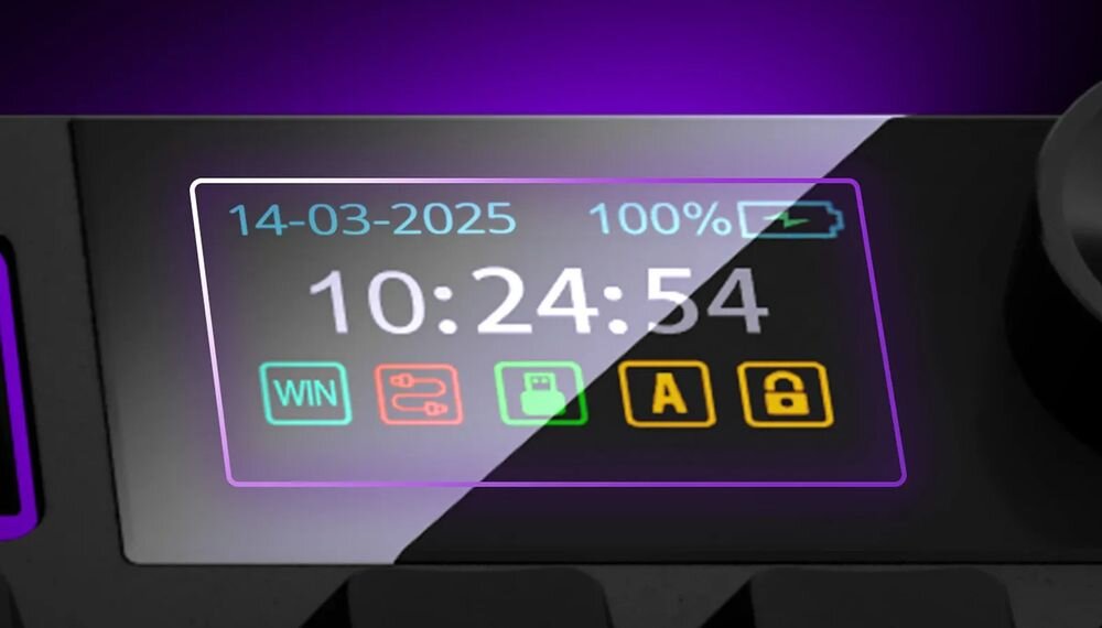 Na ekranie widoczna jest data 14-03-2025, poziom naładowania 100%, oraz godzina 10:24:54. Poniżej znajdują się ikony: WIN, dwie połączone wtyczki, karta pamięci, litera A i kłódka.