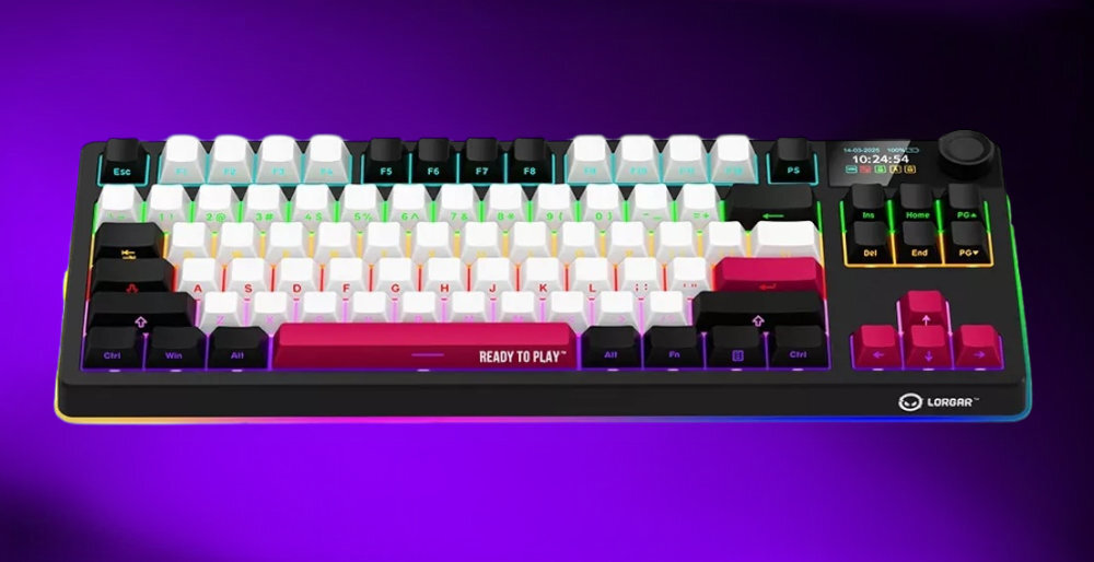 LORGAR KBP70TKLW LORGAR KBP70TKLW klawiatura mechaniczna możliwość dopasowania do własnych preferencji Solidna konstrukcja różne opcje łączności - klawiatura na fioletowym tle