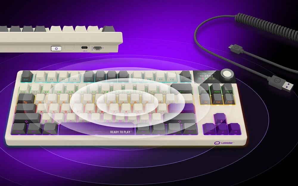 LORGAR KBP70TKLW dwóm trybom łączności bezprzewodowej szybkie 2,4 GHz odbiornikiem USB-A Bluetooth 5.0 przewód USB C do USB A 2,3 m pracy przewodowej - przewod usb-a/usb-c obok klawiatury
