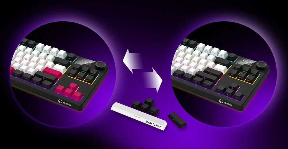 LORGAR KBP70TKLW Podwójne nasadki klawiszy PBT bocznym nadrukiem legend 6 kontrastowych klawiszy strzałki, Enter i spację Boczny nadruk - klawiatura w dwóch kolorach, klawisze obok