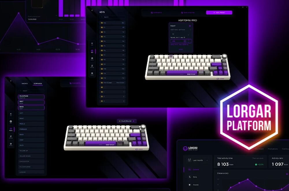 Obraz przedstawia klawiaturę w kolorze beżowym z fioletowymi i szarymi klawiszami, na tle interfejsu oprogramowania z wykresami i listami. Widoczne jest logo \'LORGAR PLATFORM\'.