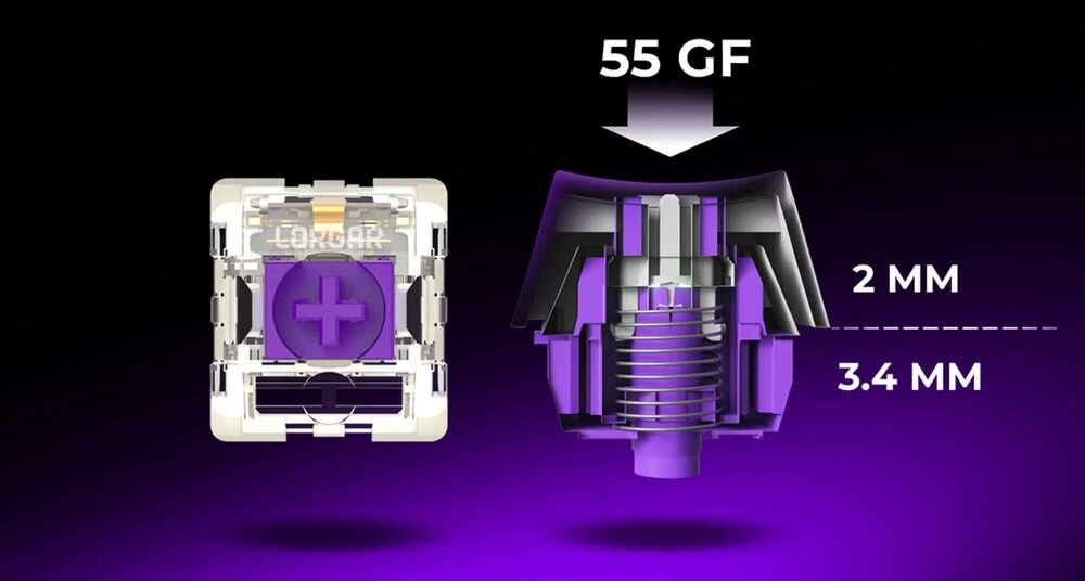 Obraz przedstawia mechanizm klawisza z napisem \'LORGAR\' oraz przekrój przełącznika z oznaczeniami \'55 GF\', \'2 MM\' i \'3.4 MM\'. Kolory dominujące to fioletowy i przezroczysty.