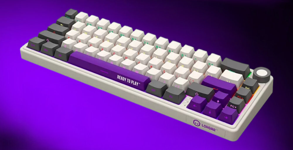 Klawiatura mechaniczna z beżową obudową i kolorowymi klawiszami, w tym fioletowym klawiszem z napisem \'READY TO PLAY\'. Na obudowie widoczne jest logo \'LORGAR\'.