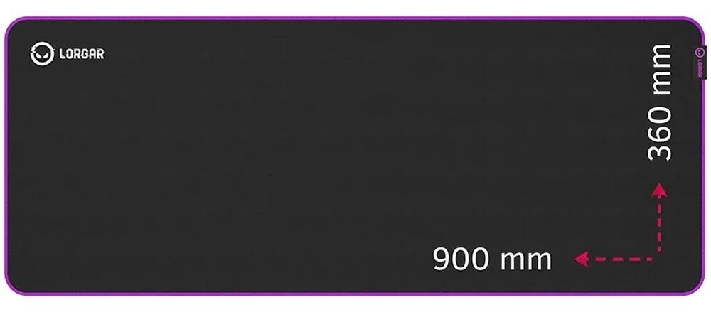 Podkładka LORGAR Main Wymiary 900 x 360 Grubość 3 mm naturalnemu ułożeniu nadgarstka - podkładka z wymiarami na białym tle
