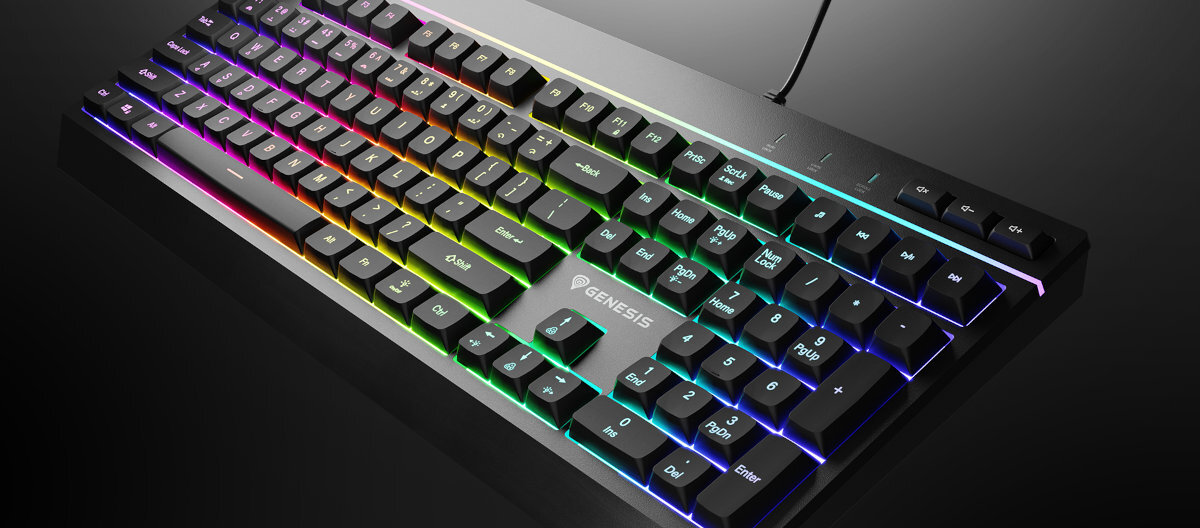 GENESIS Rhod 530 konstrukcja non-floating key stabilnie i ciszej gamingowy setup komfort - kalwiatura pod kątem na ciemnym tle