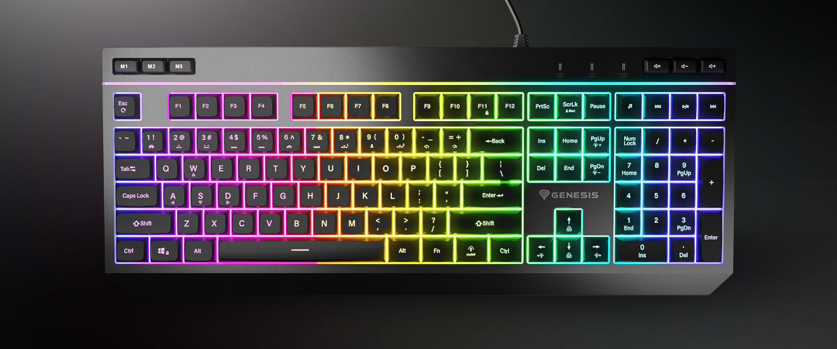GENESIS Rhod 530 8-strefowym podświetleniem RGB Każdą strefę dowolnym kolorem z palety aż 16 milionów odcieni - klawiatura od góry na ciemnym tle