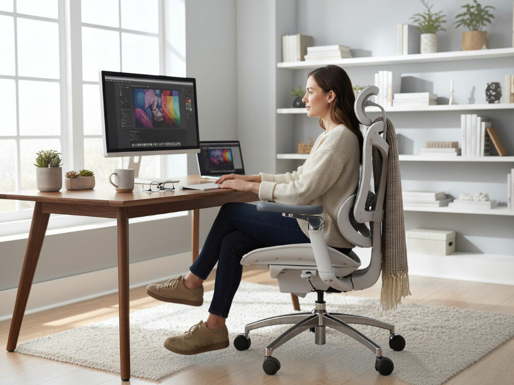 Fotel gamingowy SIHOO Doro C300 PRO Biały, Ergonomia, komfort, design, dopasowanie, Mężczyzna siedzący przy biurku na ergonomicznym fotelu.