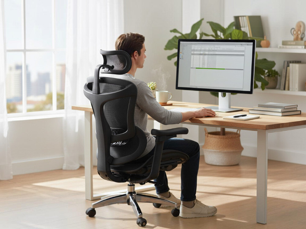 Fotel gamingowy SIHOO Doro C300L Czarny, Design, ergonomia, komfort, plecy, Mężczyzna pracujący przy biurku na ergonomicznym fotelu.