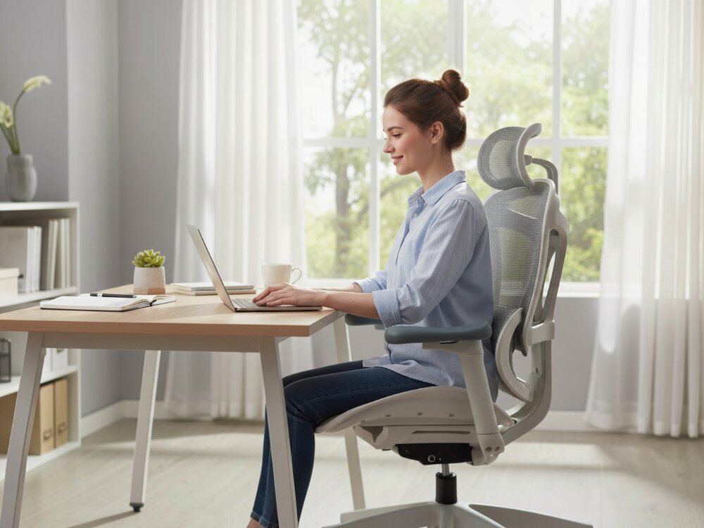 Fotel gamingowy SIHOO Doro C300L Biały, Design, ergonomia, komfort, plecy, Mężczyzna pracujący przy biurku na ergonomicznym fotelu.