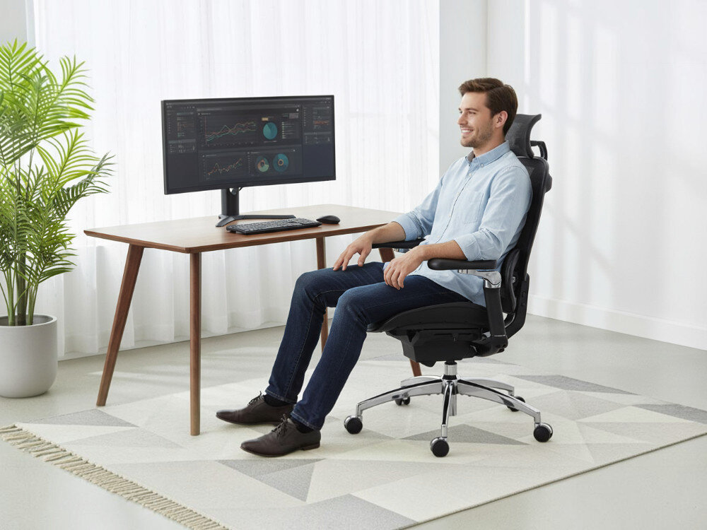 Fotel gamingowy SIHOO Doro C300 PRO Czarny, Ergonomia, komfort, design, dopasowanie, Mężczyzna siedzący przy biurku na ergonomicznym fotelu.