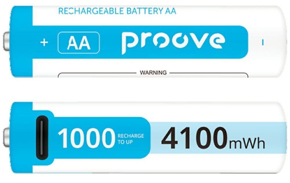 Dwa akumulatorki AA z napisem \'proove\' i oznaczeniem \'RECHARGEABLE BATTERY AA\'. Na jednym z nich widnieje napis \'1000 RECHARGE TO UP 4100 mWh\'.