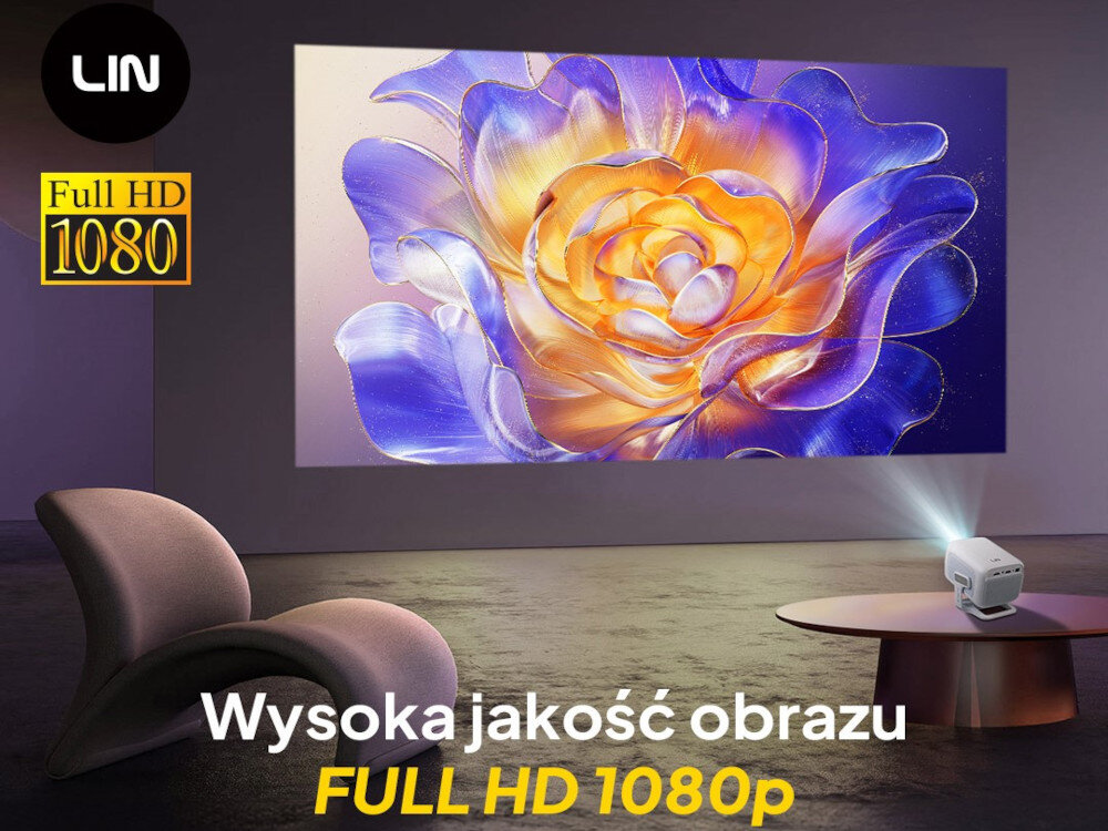 Projektor LIN Smart Vision LP-K300 Full HD 4K jasny obraz wbudowany głośnik, projektor stojący na stoliku, wyświetlający obraz na ścianie