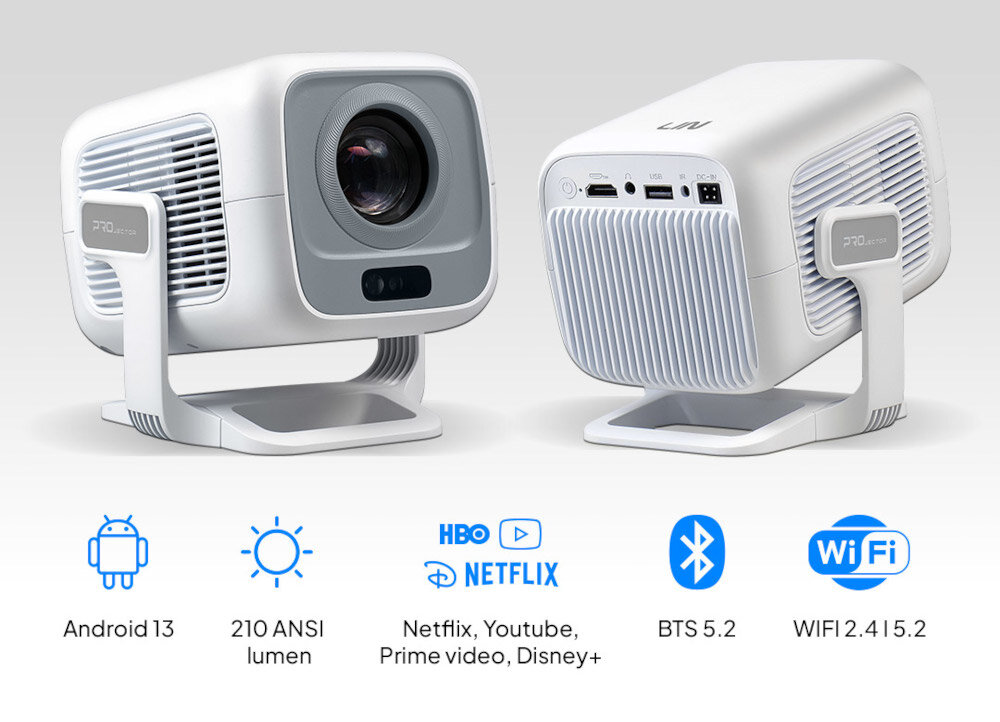 Projektor LIN Smart Vision LP-K300 Android 13 Netflix YouTube Bluetooth WiFi, dwa kadry projektora po skosie od przodu oraz od tyłu