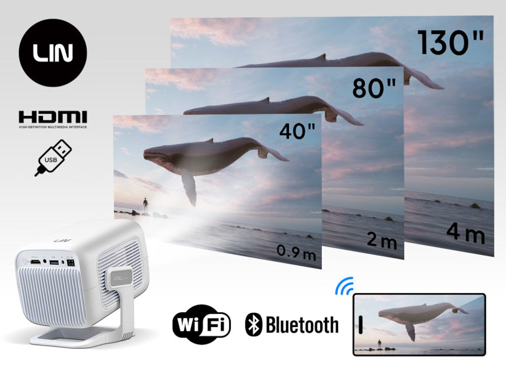 Projektor LIN Smart Vision LP-K300 40-130 cali duży obraz kompaktowy rozmiar, projektor po skosie wyświetlający obraz w różnych rozmiarach