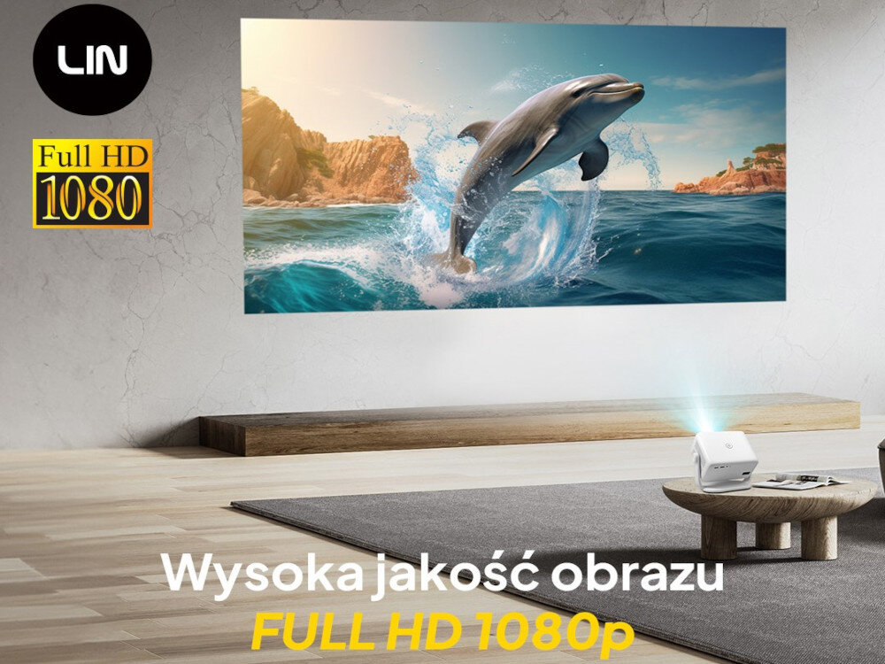 Projektor LIN Smart Vision LP-K380 rozdzielczość Full HD jasność 260 ANSI lumenów wbudowany głośnik, projektor stojący na stoliku, wyświetlający obraz na ścianie