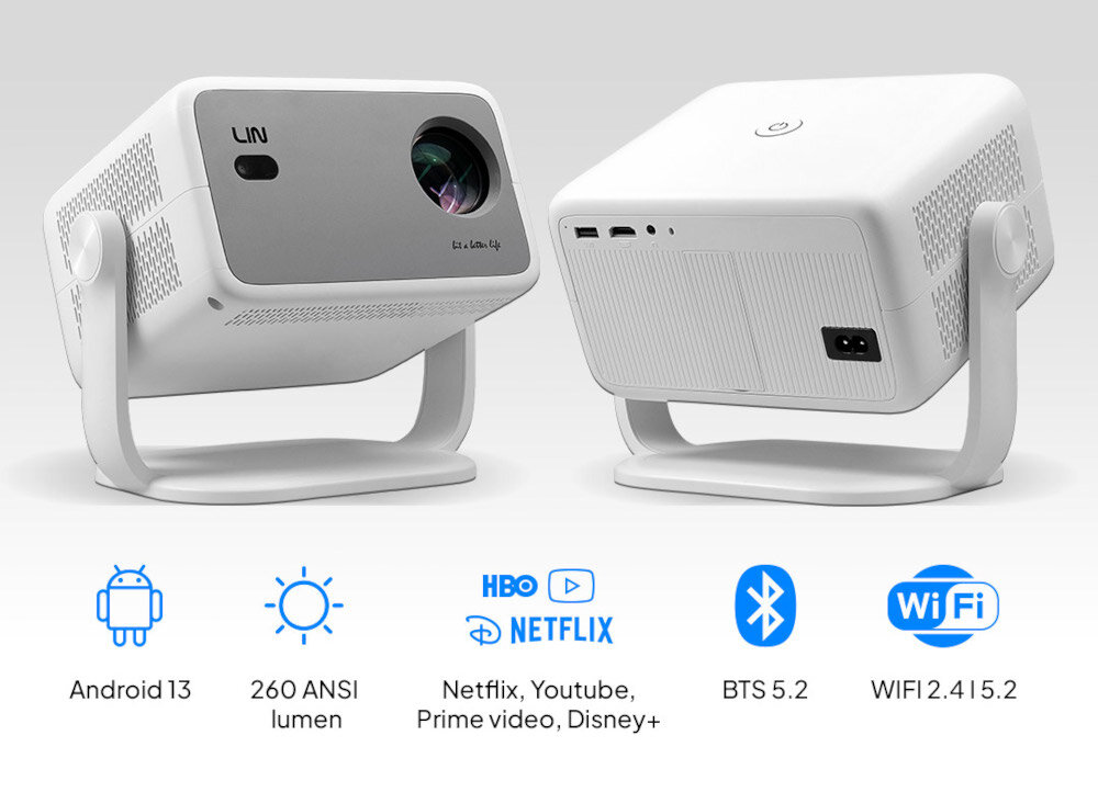 Projektor LIN Smart Vision LP-K380 Android 13 aplikacje Netflix YouTube WiFi dual Bluetooth 5.2, dwa kadry projektora po skosie na jasnym tle