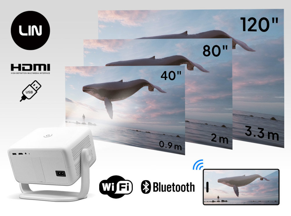 Projektor LIN Smart Vision LP-K380 przekątna projekcji 40-120 cali elastyczne ustawienie bez montażu, projektor po skosie wyświetlający obraz w różnych rozmiarach