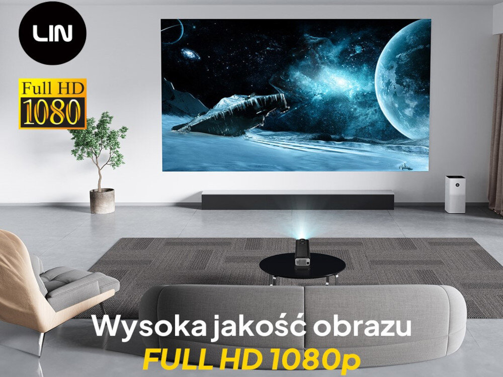 Projektor LIN Smart Vision LP-K320 Full HD 4K jasność 300 ANSI wbudowany głośnik, projektor stojący na stoliku, wyświetlający obraz na ścianie