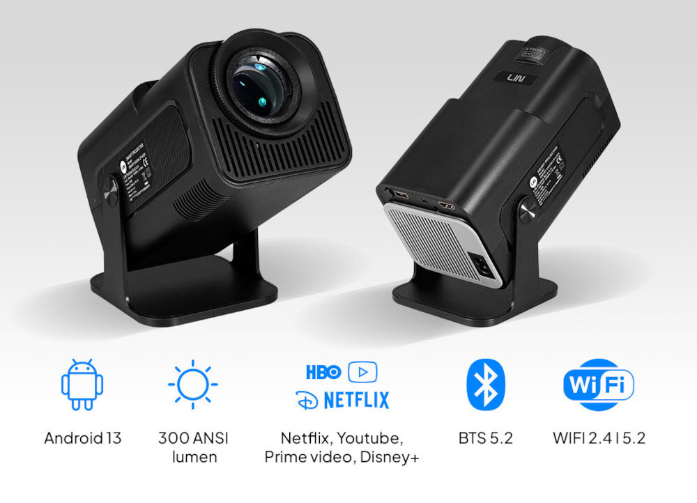 Projektor LIN Smart Vision LP-K320 Android 13 Netflix YouTube Bluetooth WiFi dual aplikacje streamingowe, dwa kadry projektora po skosie na jasnym tle