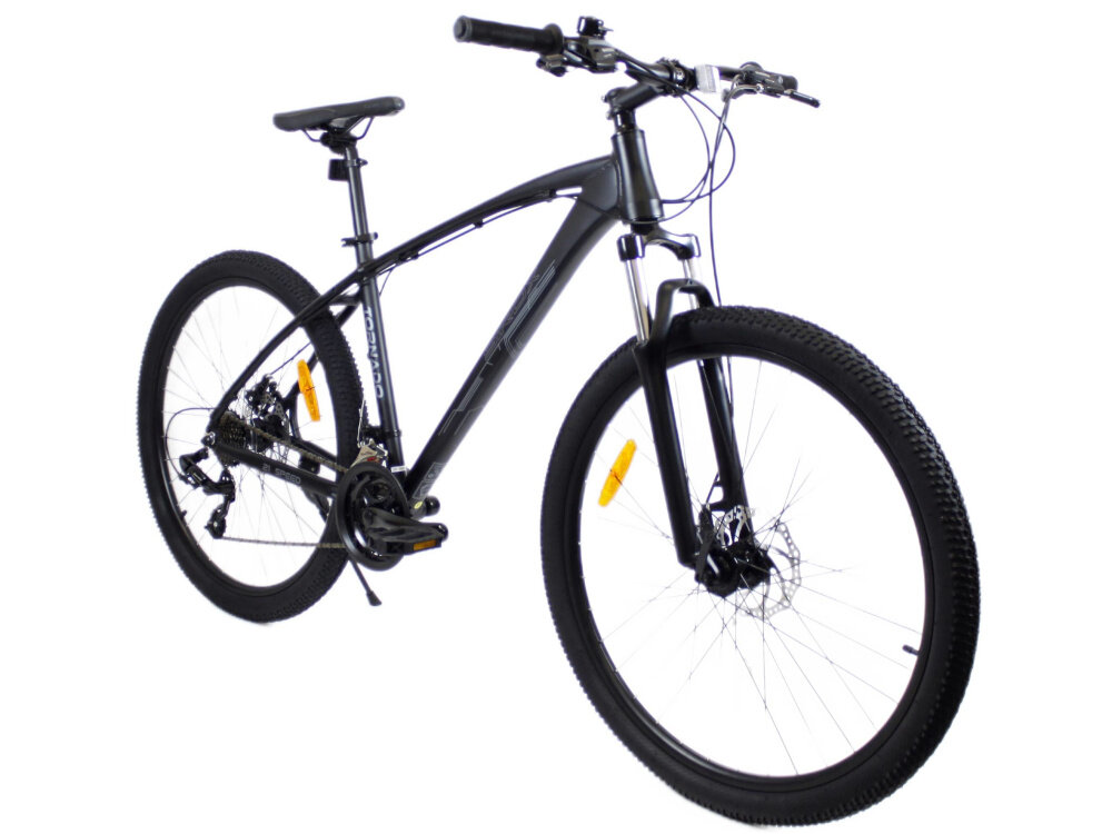 Rower górski MTB SIROX Tornado M18 27.5 cale Czarno-szary rower na jasnym tle widoczny od przodu pod skosem środek codziennego transportu relaks pasja uniwersalność