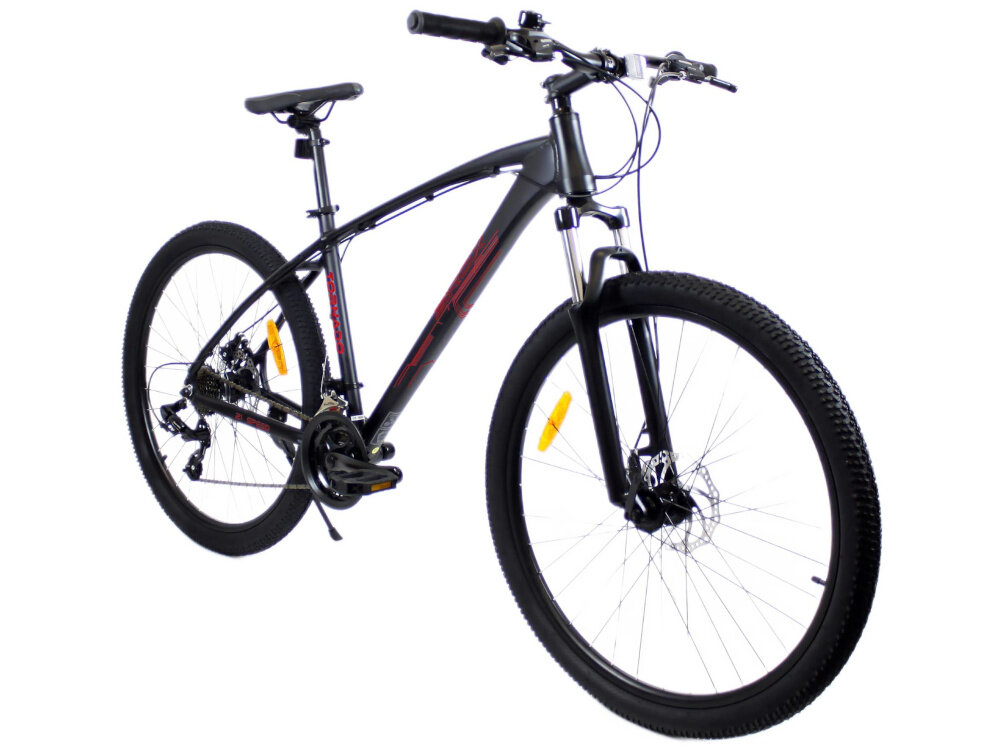 Rower górski MTB SIROX Tornado M18 27.5 cale Czarno-czerwony rower na jasnym tle widoczny od przodu pod skosem środek codziennego transportu relaks pasja uniwersalność