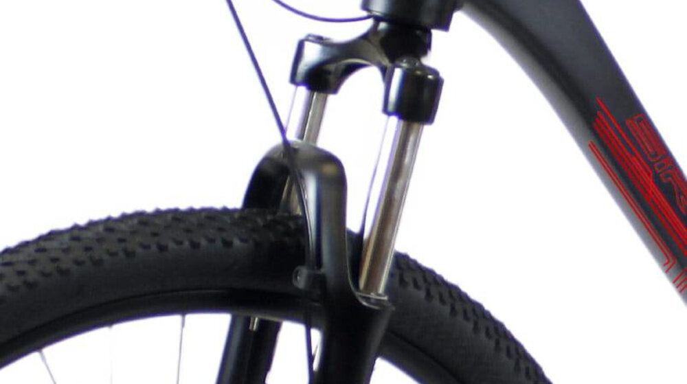 Rower górski MTB SIROX Tornado M19 29 cale Czarno-czerwony zbliżenie na amortyzator rower typu hardtail przedni aluminiowy amortyzator ZOOM ze skokiem 100 mm ułatwia najeżdżanie na przeszkody niweluje wstrząsy niska masa roweru duża sztywność regulacja za pomocą sprężyny obsługa poprzez manetkę