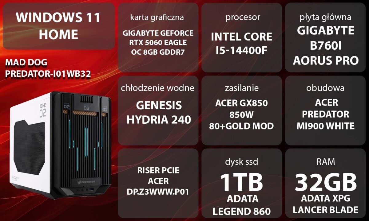 Komputer MAD DOG GeForce RTX5060 DLSS 4 Reflex Edition 2 PREDATOR-I01WB32WHV2 Grafika przedstawiająca specyfikację komputera, z podziałem na podzespoły. W lewej części znajduje się model komputera, a obok niego informacje o podzespołach, opis