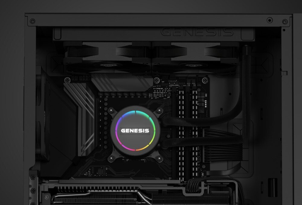 Komputer MAD DOG GeForce RTX5060 DLSS 4 Reflex Edition 2 PREDATOR-I01WB32WHV2 Widok wnętrza obudowy komputera z zamontowanym chłodzeniem wodnym na procesorze i dwoma wentylatorami przymocowanymi do górnej części obudowy, chłodzenie wodne, temperatura, radiatory