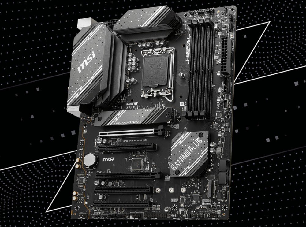 Komputer MAD DOG Powered By MSI FORGE112-I06WR32WH Płyta główna z czarno-srebrnym designem na tle siatki cyfrowych linii, płyta główna, kompatybilność, podkręcenie, łączność Wi-Fi 6E, Bluetooth