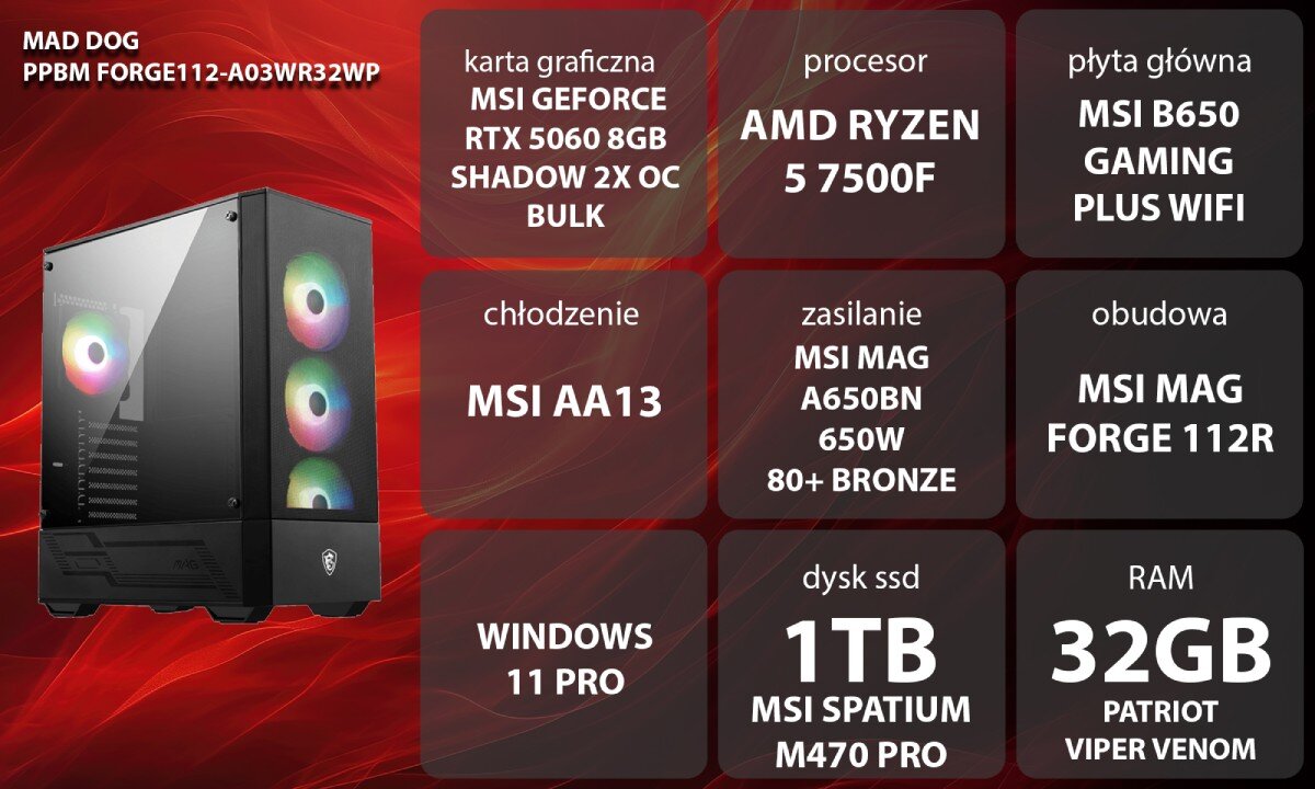 Komputer MAD DOG Powered By MSI FORGE112-A03WR32WP Kobieta w słuchawkach siedzi przy biurku i gra na komputerze stacjonarnym z podświetleniem RGB widocznym przez boczny panel obudowy, opis
