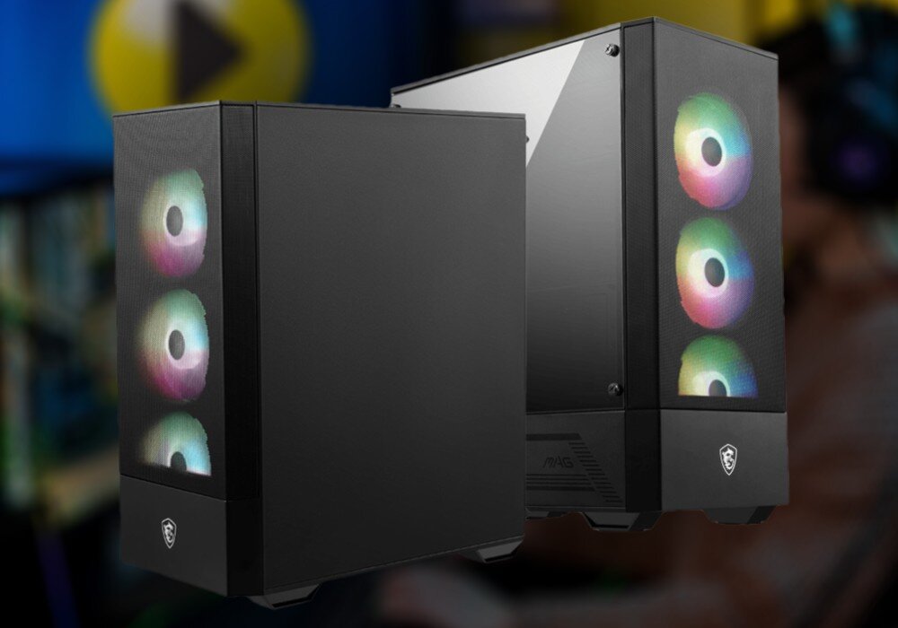 Komputer MAD DOG Powered By MSI FORGE112-A03WR64WP Dwie czarne obudowy komputerowe z podświetlanymi wentylatorami RGB z przodu i przezroczystym bocznym panelem, przeznaczenie, podzespoły, testy