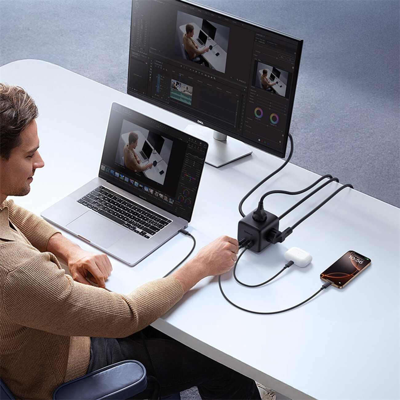 Na biurku znajduje się laptop podłączony do monitora oraz kostka zasilająca z kilkoma kablami. Obok leży smartfon i słuchawki bezprzewodowe podłączone do ładowania.