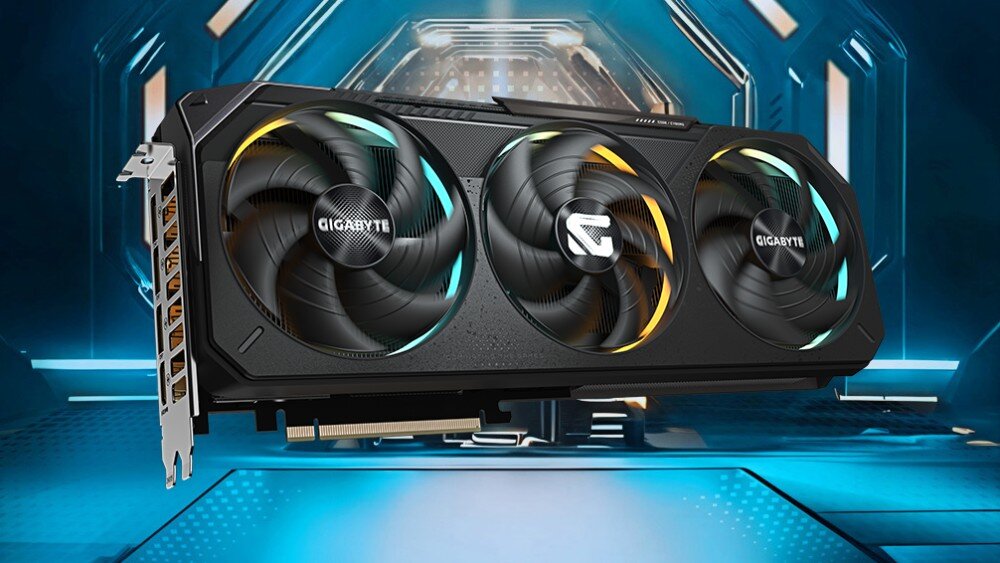 Karta graficzna GIGABYTE GeForce RTX 5070 Gaming OC 12GB Karta graficzna z podświetlanymi wentylatorami RGB na tle geometrycznych świateł