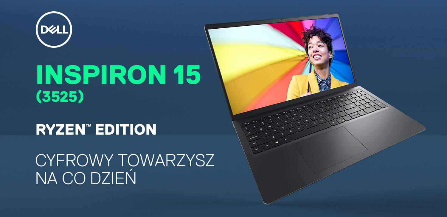 Laptop Dell Inspiron 3525, czarny, z ekranem i klawiaturą, umieszczony na biurku w dobrze oświetlonym pomieszczeniu.