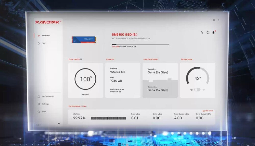 Dysk SANDISK WD Blue SN5100 Interfejs programu komputerowego SanDisk wyświetlający statystyki dysku, takie jak stan zdrowia 100%, pojemność, prędkość interfejsu oraz temperaturę 42°C, aplikacja, funkcje, narzędzia