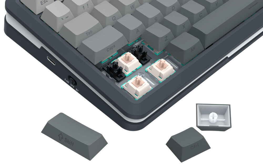 Klawiatura K708GG-RGB-PRO Flekact komfort pisania i grania,
fabrycznie smarowanym, liniowym przełącznikom mechanicznym REDRAGON Leopard, płynne działanie, szybka odpowiedź na każde naciśnięcie klawisza, produkt na białym tle z trzema wyciągniętymi nakładkami klawiszy, widoczne przełączniki