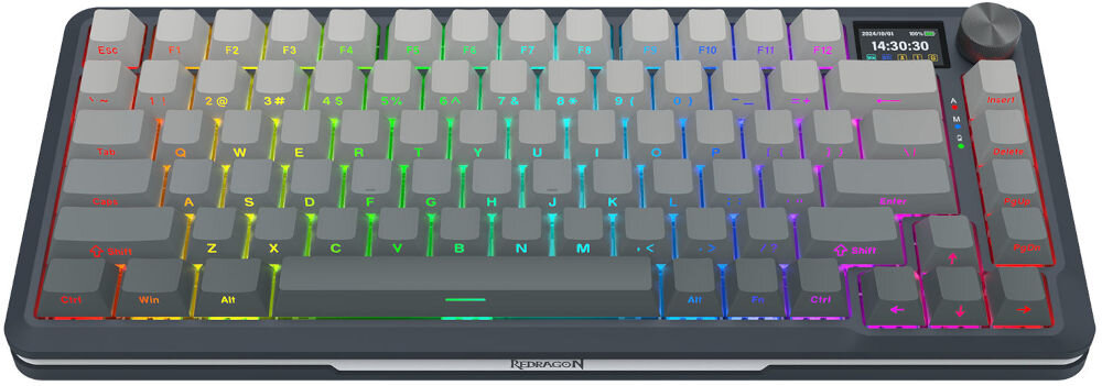 Klawiatura K708GG-RGB-PRO Flekact
funkcjonalny układ w rozmiarze 75% o wymiarach ok. 334,7 x 140,4 x 42,8 mm, wyposażona w 81 klawiszy, łatwy dostęp do klawiszy strzałek, rzędu funkcyjnego oraz sekcji nawigacyjnej,
produkt na białym tle