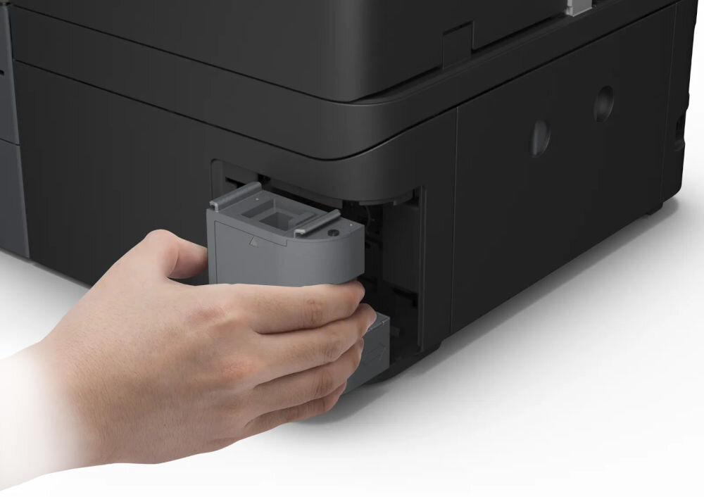 Urządzenie wielofunkcyjne EPSON EcoTank L6370 Druk w kolorze, Automatyczny druk dwustronny, Wi-Fi prezentacja wyciągania części z tyłu urządzenia na białym tle prosta obsługa i eksploatacja