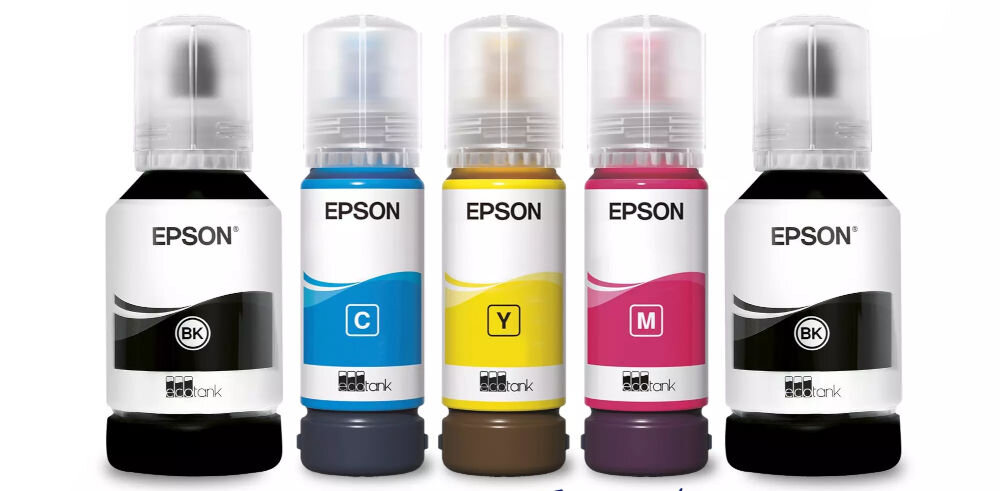 Urządzenie wielofunkcyjne EPSON EcoTank L6370 Druk w kolorze, Automatyczny druk dwustronny, Wi-Fi prezentacja butelek z atramentem na białym tle pełne butelki w zestawie