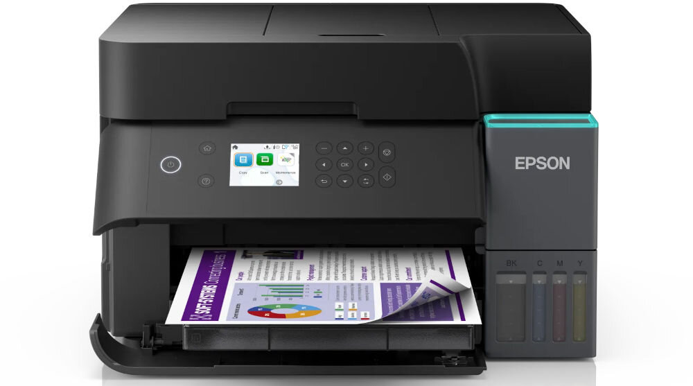 Urządzenie wielofunkcyjne EPSON EcoTank L6370 Druk w kolorze, Automatyczny druk dwustronny, Wi-Fi prezentacja urządzenia od przodu na białym tle z wydrukowaną kartką wydajność atramentu wydłużenie czasu pracy