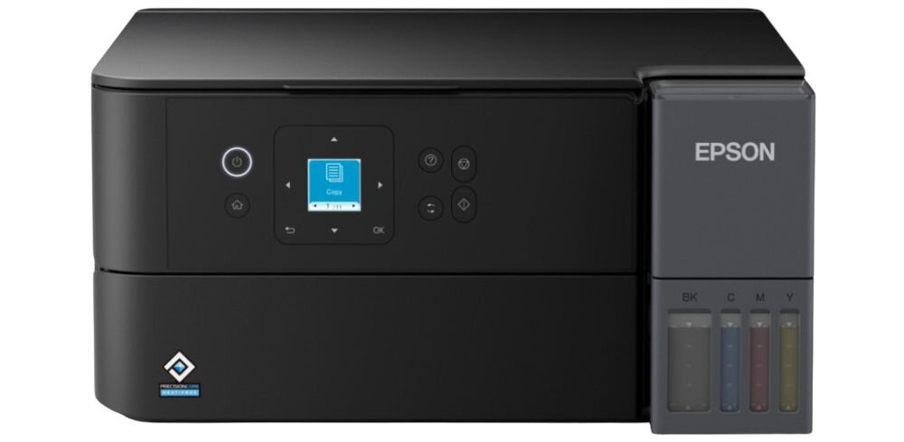 Urządzenie wielofunkcyjne EPSON EcoTank L4360 Druk w kolorze, Automatyczny druk dwustronny, Wi-Fi prezentacja urządzenia od przodu na białym tle funkcja duplex i oszczędność papieru