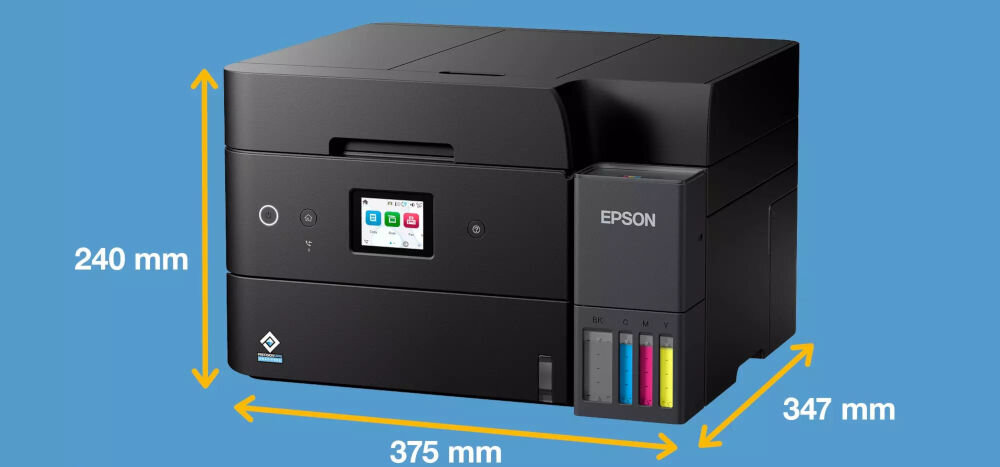 Drukarka EPSON EcoTank L6390 Druk w kolorze, Automatyczny druk dwustronny, Wi-Fi prezentacja urządzenia na niebieskim tle od przodu pod kątem z wymiarami wymiary swoboda organizacji