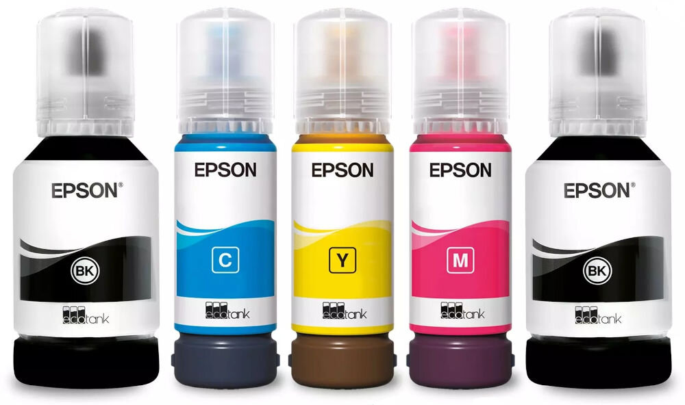 Drukarka EPSON EcoTank L6390 Druk w kolorze, Automatyczny druk dwustronny, Wi-Fi prezentacja butelek z atramentem na białym tle pełne butelki w zestawie