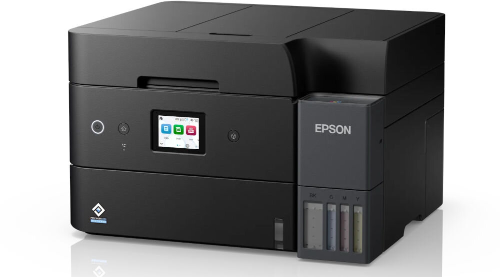 Drukarka EPSON EcoTank L6390 Druk w kolorze, Automatyczny druk dwustronny, Wi-Fi prezentacja urządzenia od przodu pod kątem na białym tle głowica PrecisionCore™ kontrola kropli atramentu drukowanie z dużą szczegółowością