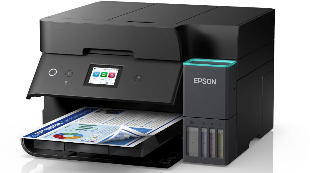 Drukarka EPSON EcoTank L6390 Druk w kolorze, Automatyczny druk dwustronny, Wi-Fi prezentacja urządzenia od przodu pod kątem na białym tle z wydrukowaną kartką funkcja duplex i oszczędność papieru