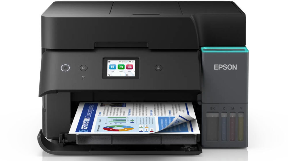 Drukarka EPSON EcoTank L6390 Druk w kolorze, Automatyczny druk dwustronny, Wi-Fi prezentacja urządzenia od przodu na białym tle rozłożone funkcje 4w1 druk skan kopiuj faks wygoda organizacja przestrzeni